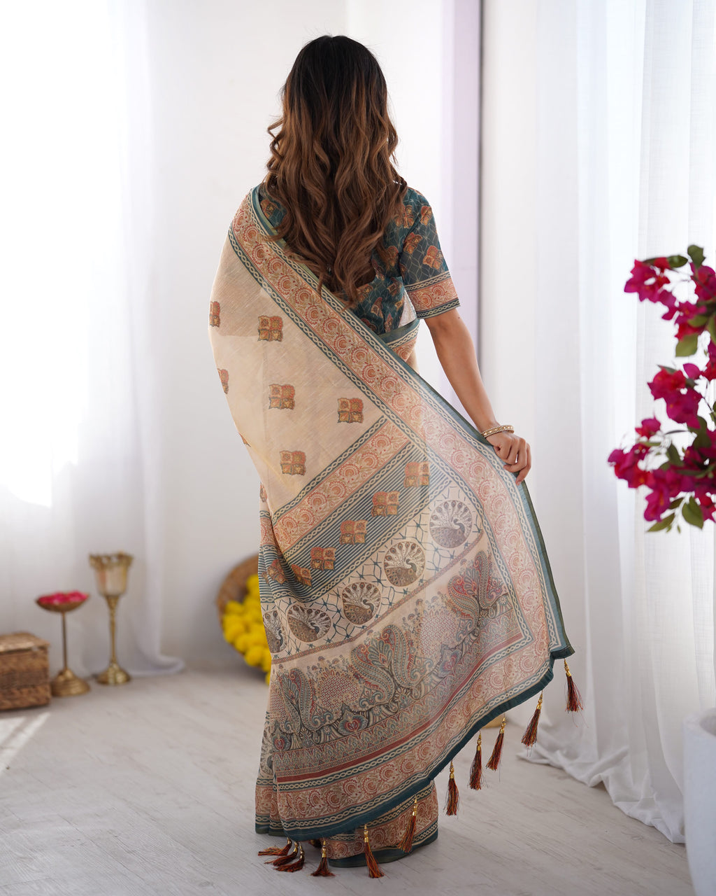 Equestrian Elegance Horse & Scenic Digital Printed Linen Cotton Saree with Matching Blouse & Zahlar Tussle
