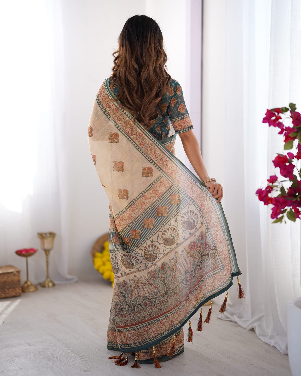 Equestrian Elegance Horse & Scenic Digital Printed Linen Cotton Saree with Matching Blouse & Zahlar Tussle