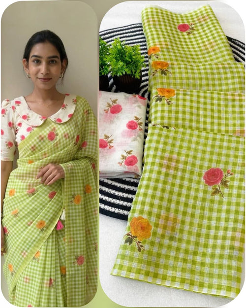 Classic Checkered Charm Linen Cotton Digital Printed Saree with Floral Printed Blouse