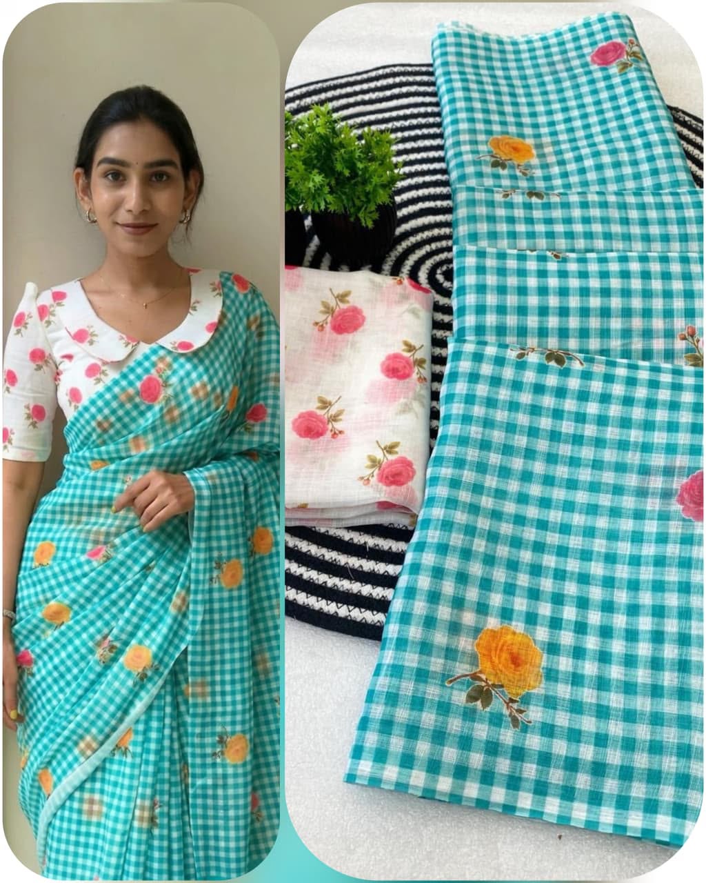 Classic Checkered Charm Linen Cotton Digital Printed Saree with Floral Printed Blouse