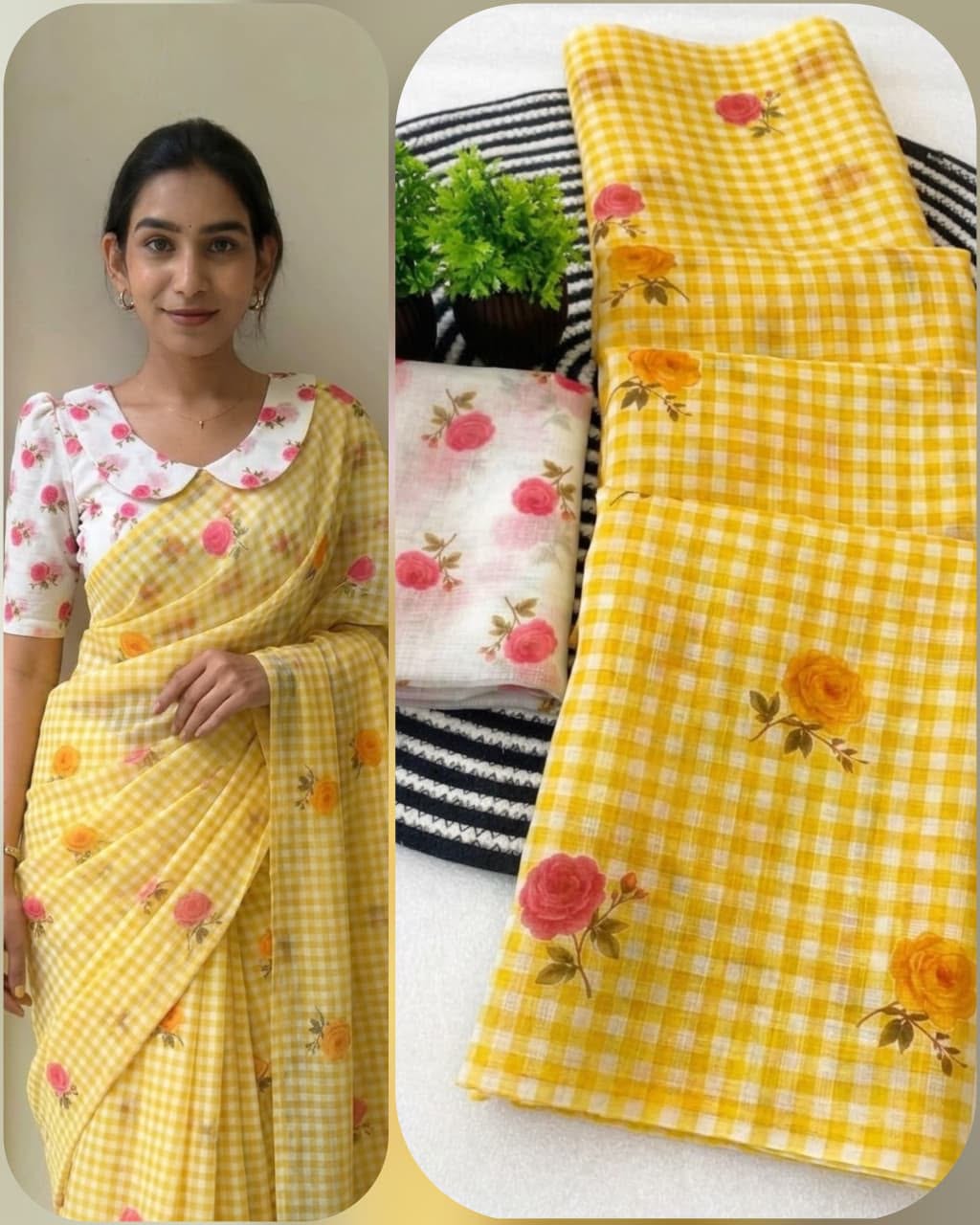 Classic Checkered Charm Linen Cotton Digital Printed Saree with Floral Printed Blouse