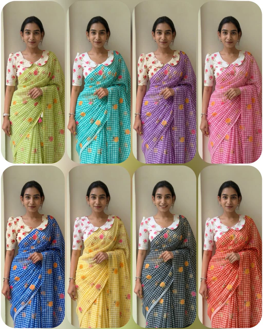 Classic Checkered Charm Linen Cotton Digital Printed Saree with Floral Printed Blouse