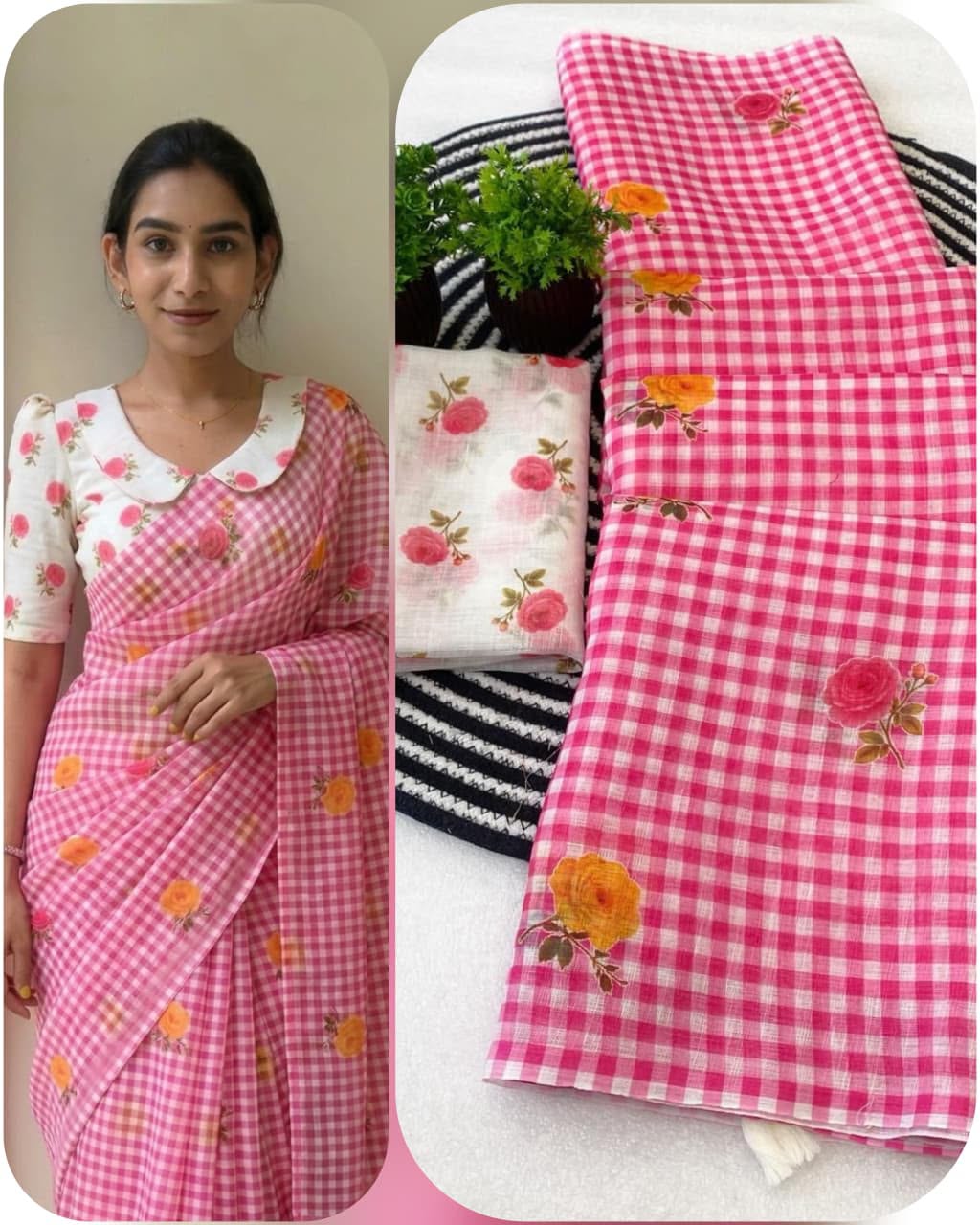 Classic Checkered Charm Linen Cotton Digital Printed Saree with Floral Printed Blouse
