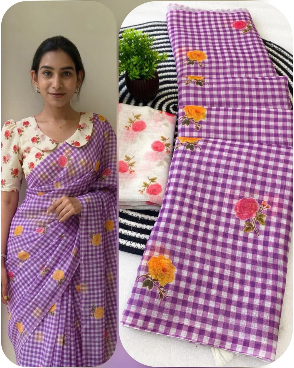 Classic Checkered Charm Linen Cotton Digital Printed Saree with Floral Printed Blouse