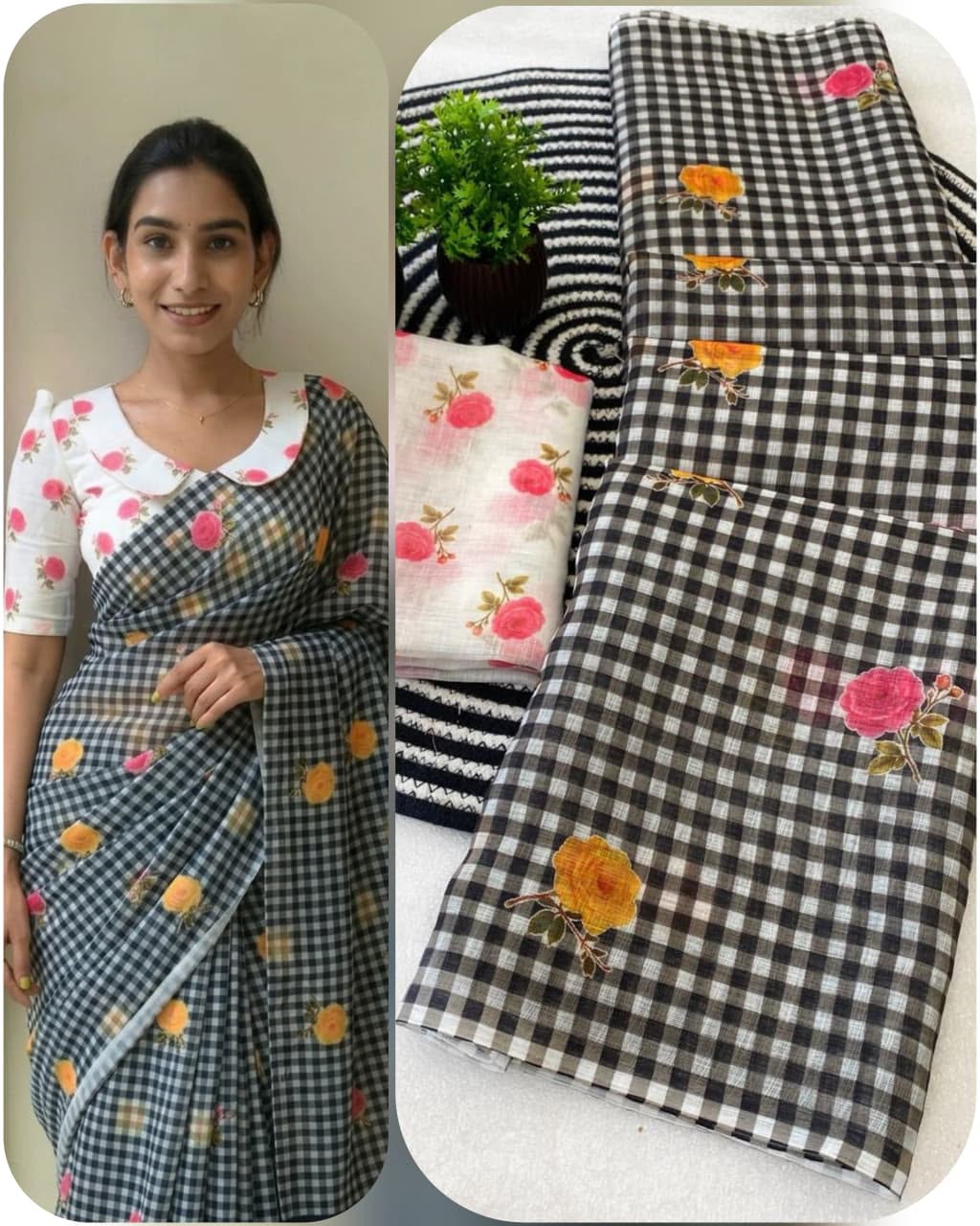 Classic Checkered Charm Linen Cotton Digital Printed Saree with Floral Printed Blouse