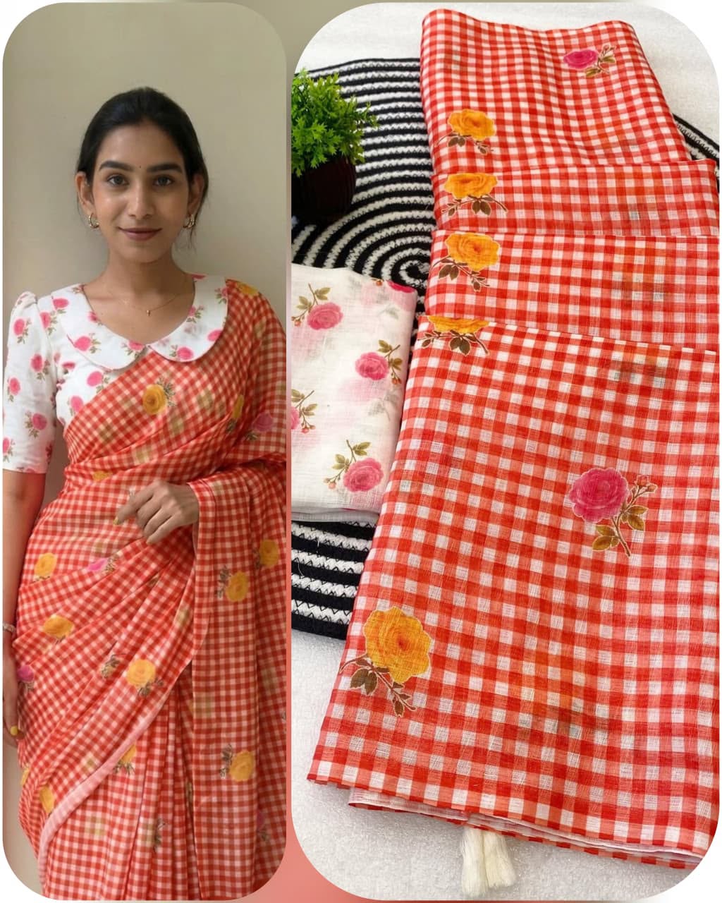 Classic Checkered Charm Linen Cotton Digital Printed Saree with Floral Printed Blouse
