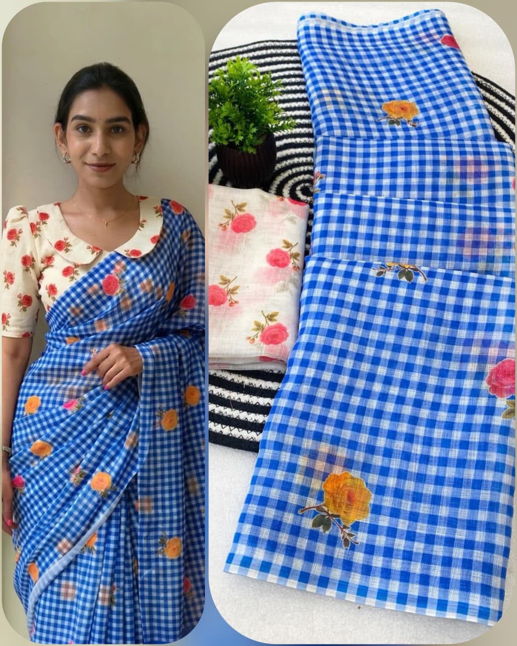 Classic Checkered Charm Linen Cotton Digital Printed Saree with Floral Printed Blouse