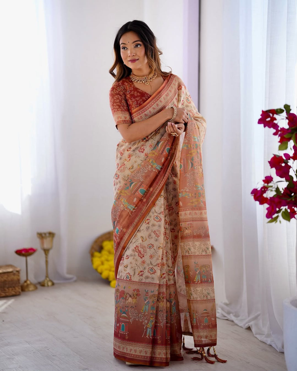 Rustic Bloom Floral, Horse & Village Digital Printed Linen Cotton Saree with Matching Blouse & Zahlar Tussl
