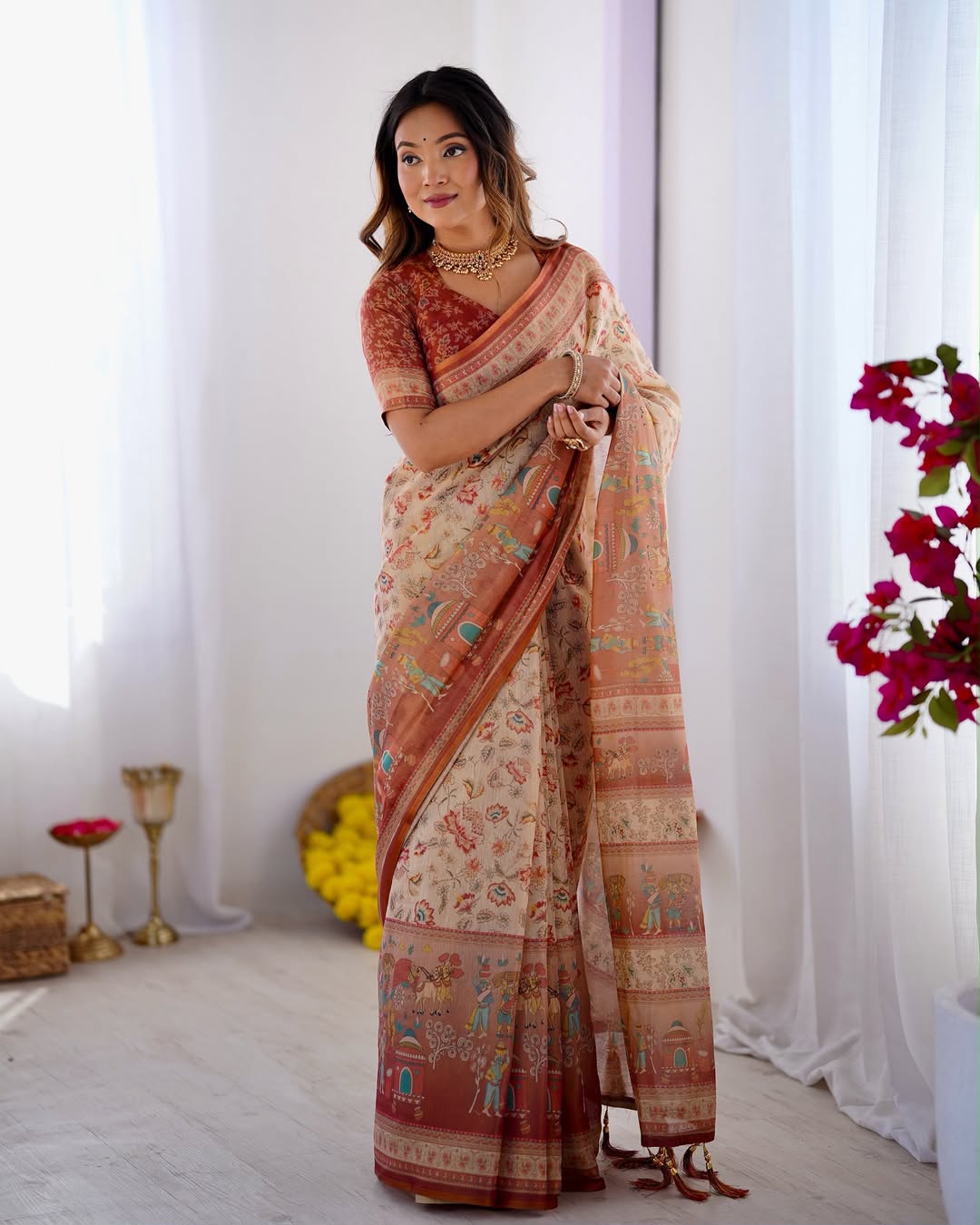 Rustic Bloom Floral, Horse & Village Digital Printed Linen Cotton Saree with Matching Blouse & Zahlar Tussl
