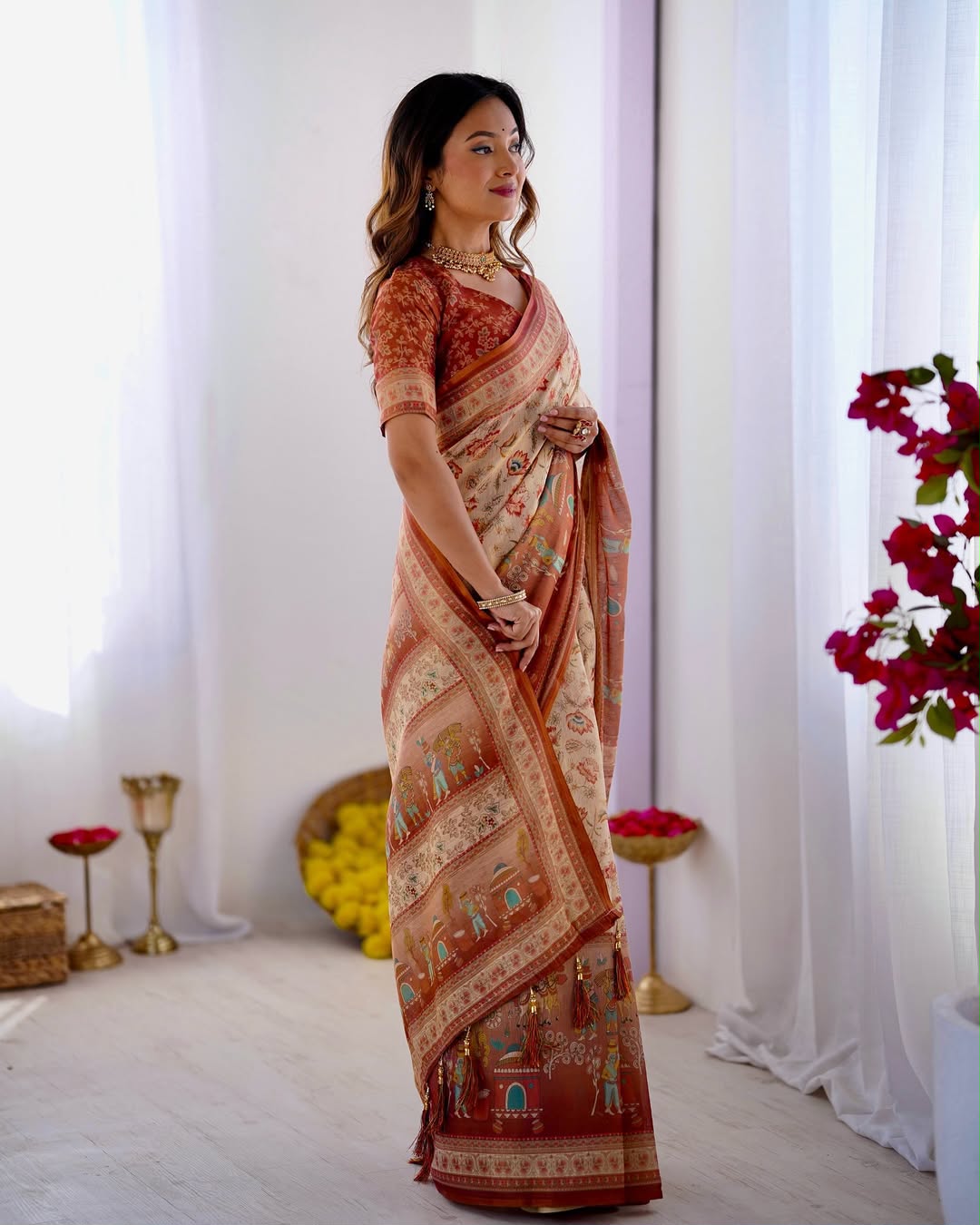 Rustic Bloom Floral, Horse & Village Digital Printed Linen Cotton Saree with Matching Blouse & Zahlar Tussl