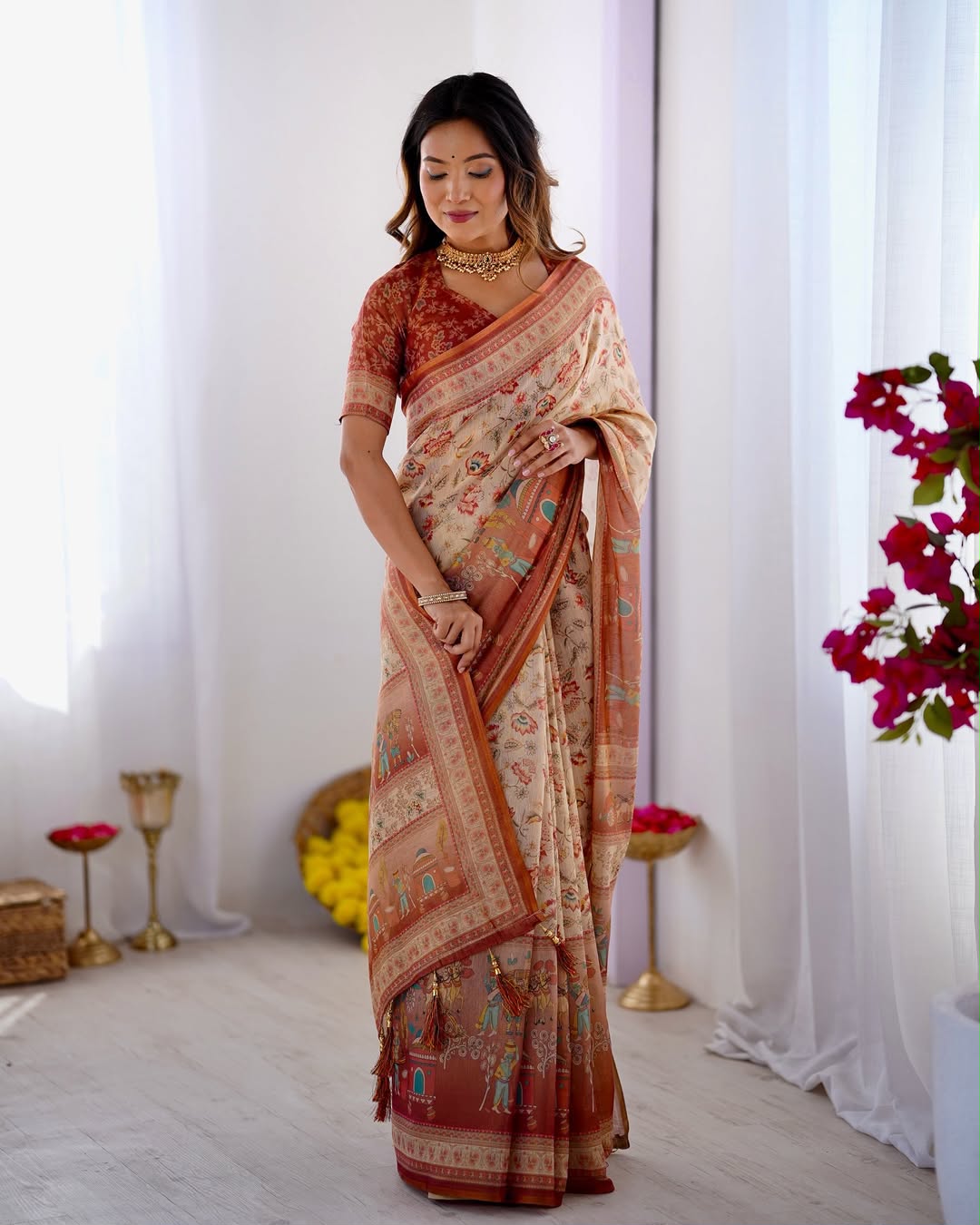 Rustic Bloom Floral, Horse & Village Digital Printed Linen Cotton Saree with Matching Blouse & Zahlar Tussl