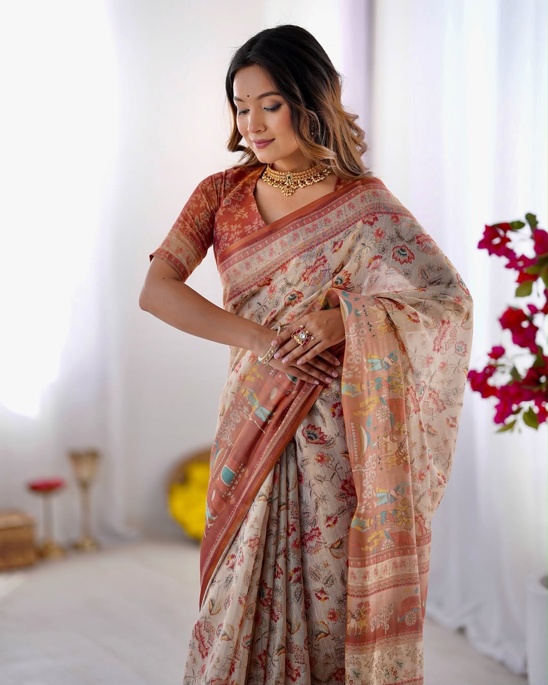 Rustic Bloom Floral, Horse & Village Digital Printed Linen Cotton Saree with Matching Blouse & Zahlar Tussl