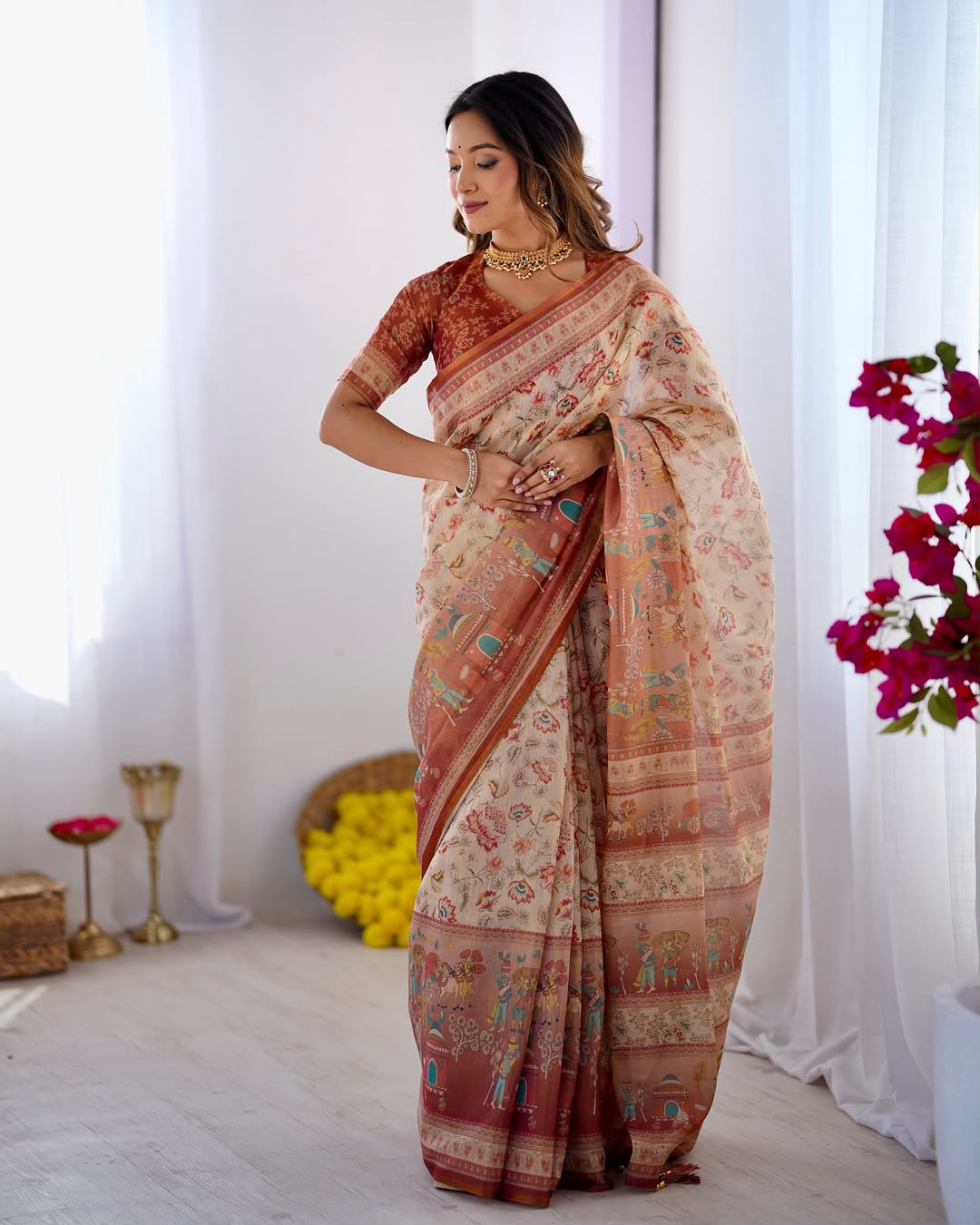 Rustic Bloom Floral, Horse & Village Digital Printed Linen Cotton Saree with Matching Blouse & Zahlar Tussl