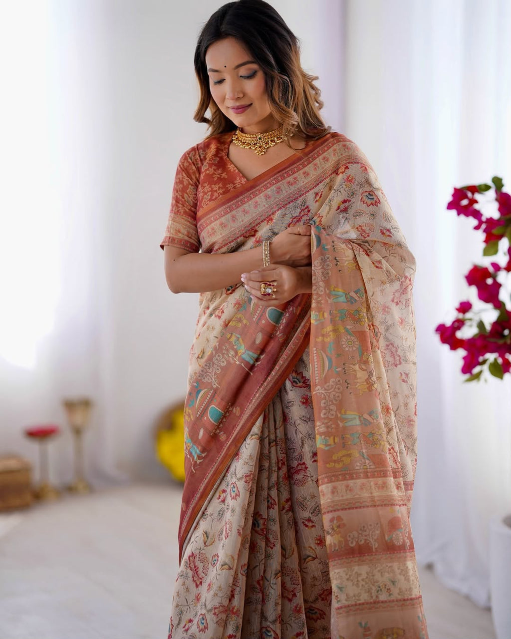 Rustic Bloom Floral, Horse & Village Digital Printed Linen Cotton Saree with Matching Blouse & Zahlar Tussl