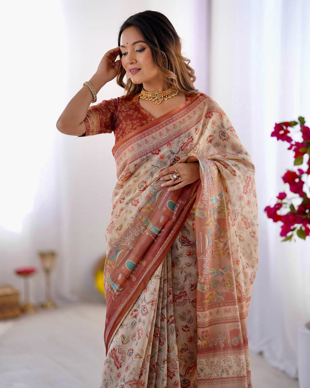 Rustic Bloom Floral, Horse & Village Digital Printed Linen Cotton Saree with Matching Blouse & Zahlar Tussl