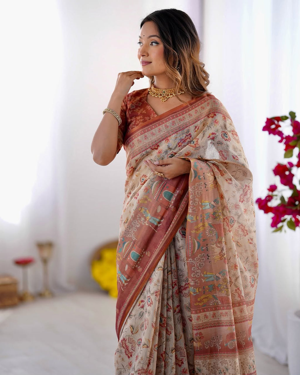 Rustic Bloom Floral, Horse & Village Digital Printed Linen Cotton Saree with Matching Blouse & Zahlar Tussl