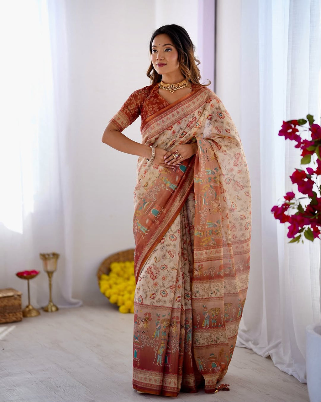 Rustic Bloom Floral, Horse & Village Digital Printed Linen Cotton Saree with Matching Blouse & Zahlar Tussl