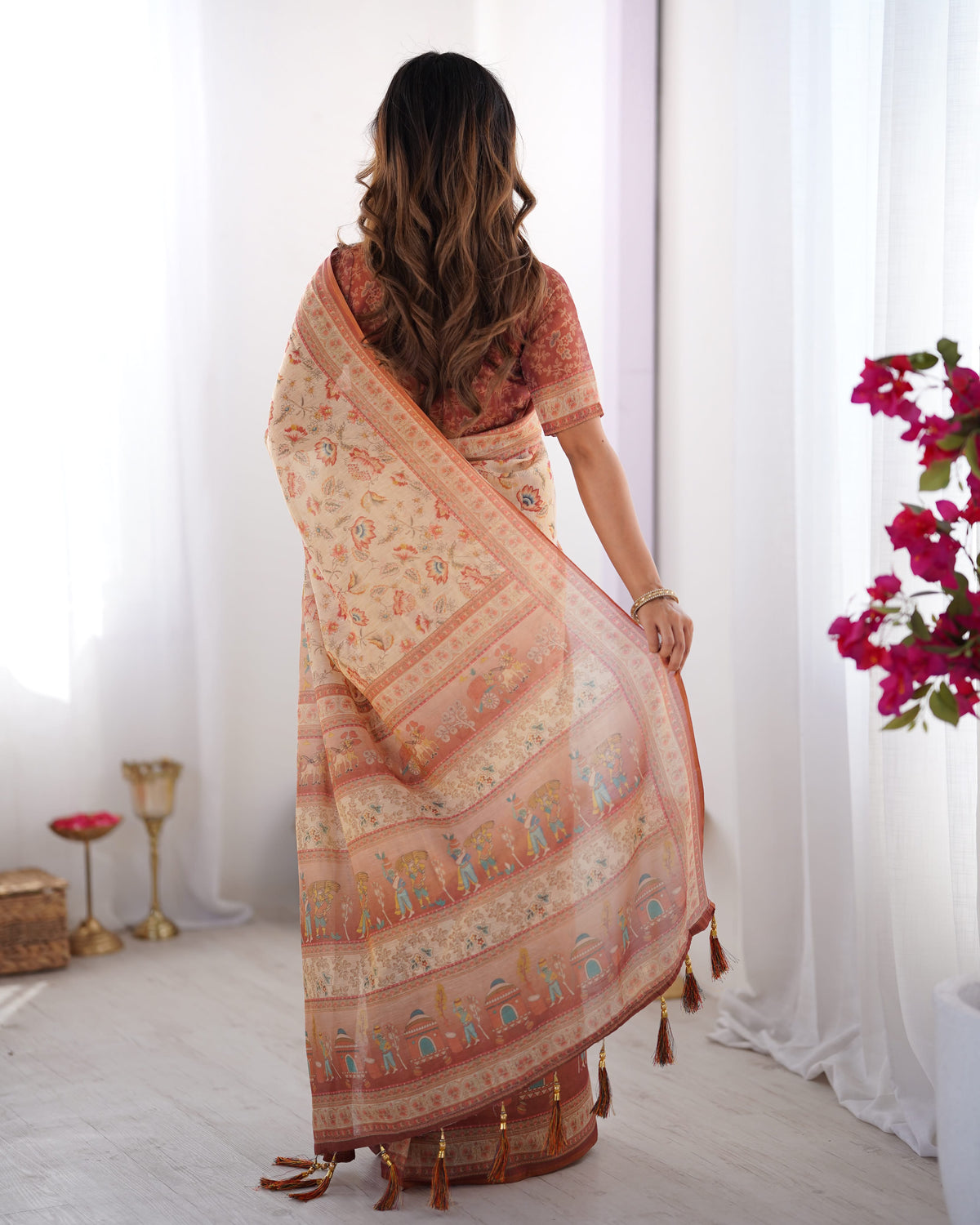 Rustic Bloom Floral, Horse & Village Digital Printed Linen Cotton Saree with Matching Blouse & Zahlar Tussl