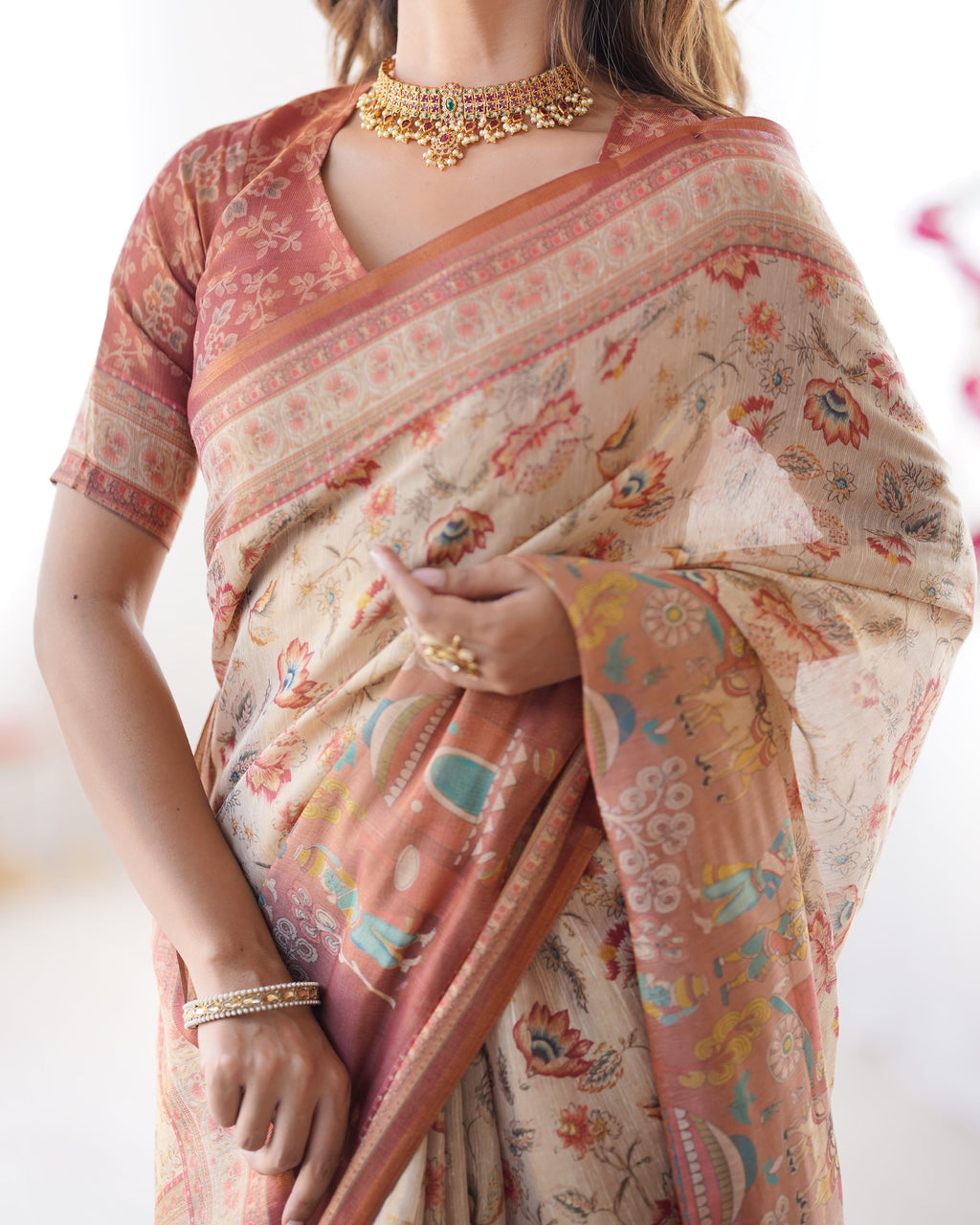 Rustic Bloom Floral, Horse & Village Digital Printed Linen Cotton Saree with Matching Blouse & Zahlar Tussl