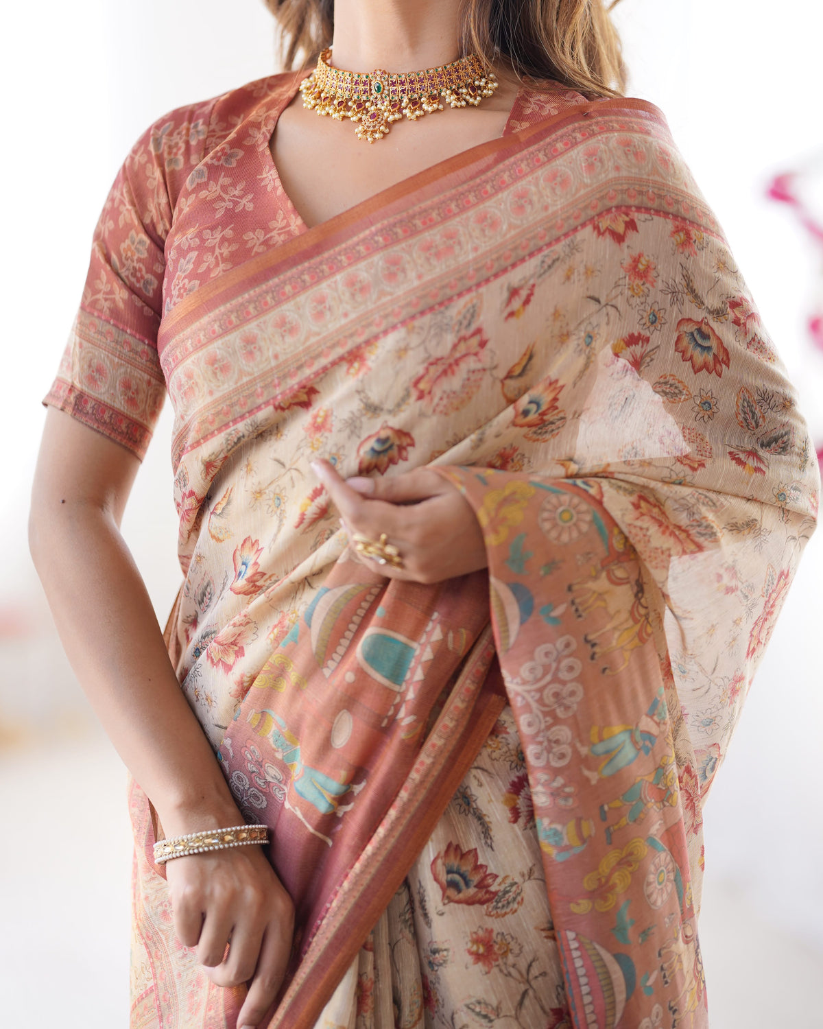 Rustic Bloom Floral, Horse & Village Digital Printed Linen Cotton Saree with Matching Blouse & Zahlar Tussl