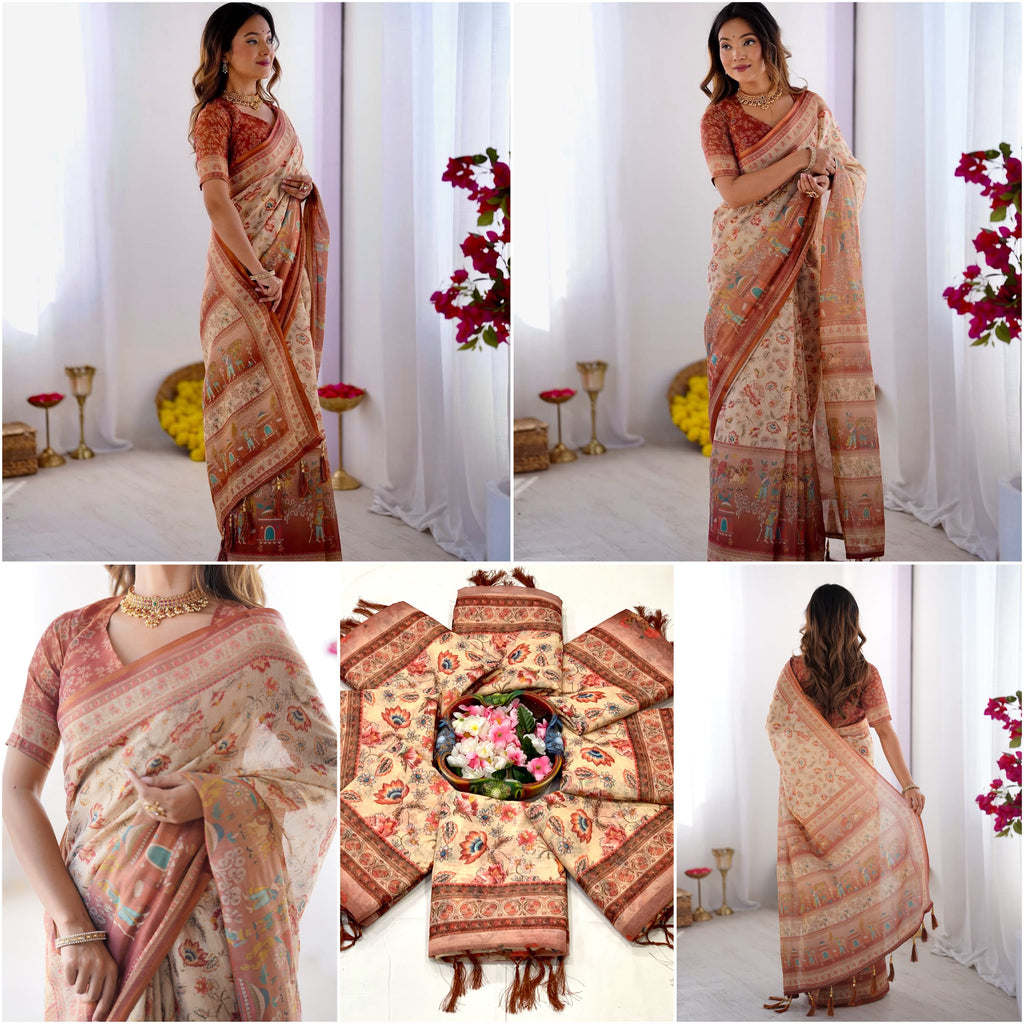 Rustic Bloom Floral, Horse & Village Digital Printed Linen Cotton Saree with Matching Blouse & Zahlar Tussl