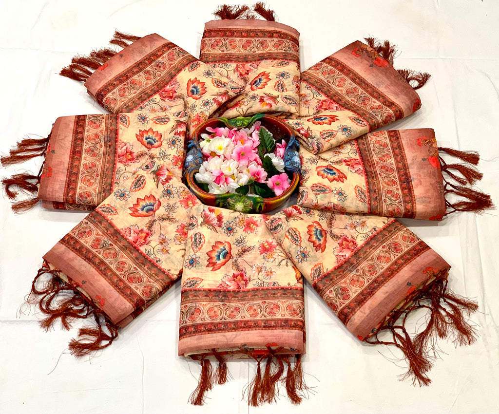 Rustic Bloom Floral, Horse & Village Digital Printed Linen Cotton Saree with Matching Blouse & Zahlar Tussl