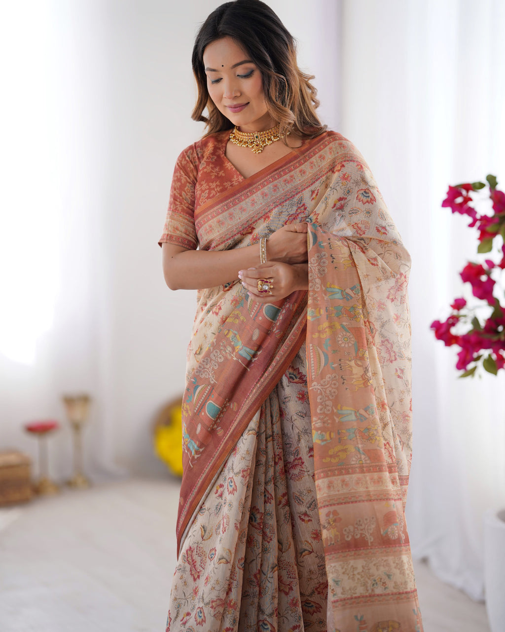 Rustic Bloom Floral, Horse & Village Digital Printed Linen Cotton Saree with Matching Blouse & Zahlar Tussl