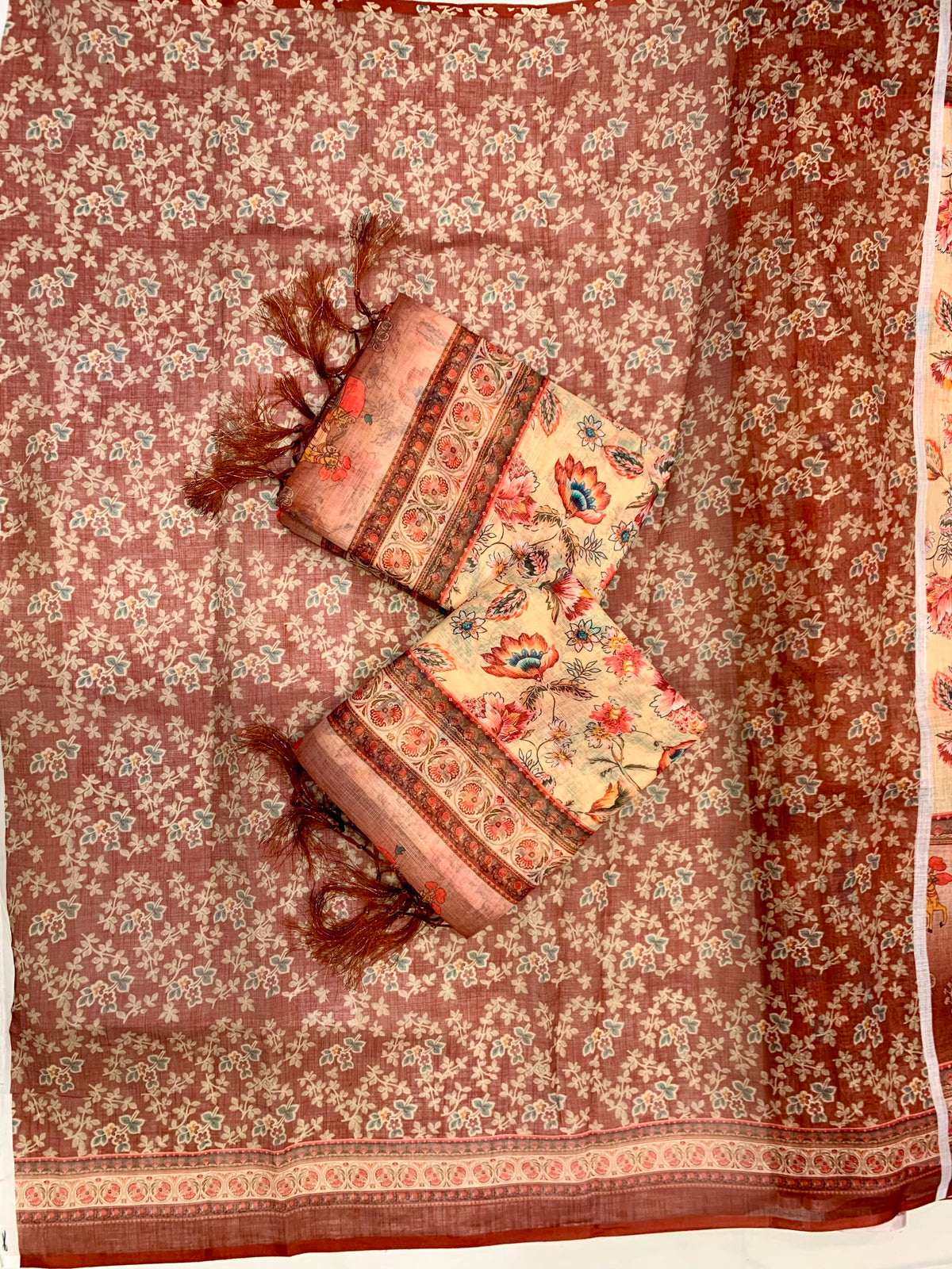 Rustic Bloom Floral, Horse & Village Digital Printed Linen Cotton Saree with Matching Blouse & Zahlar Tussl