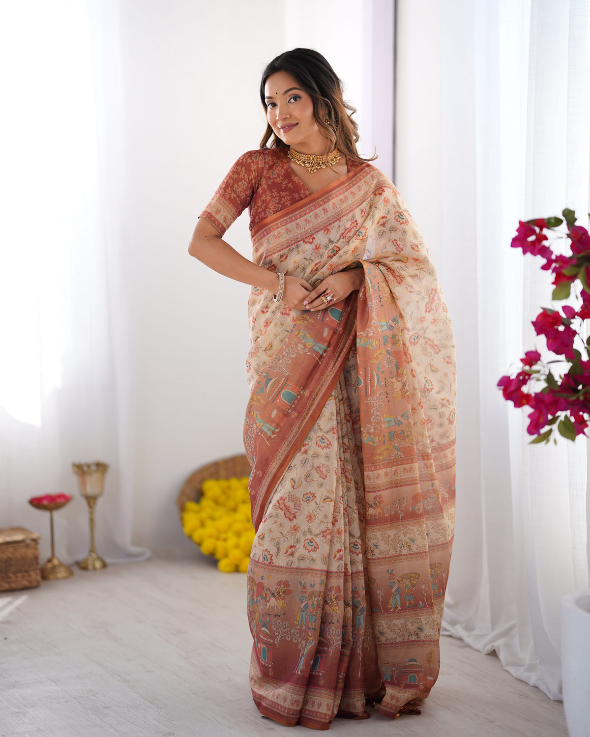 Rustic Bloom Floral, Horse & Village Digital Printed Linen Cotton Saree with Matching Blouse & Zahlar Tussl
