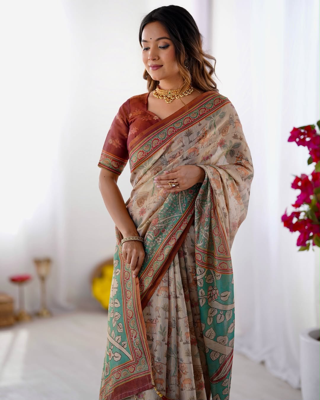 Peacock Paradise Forest & Village Digital Printed Linen Cotton Saree with Matching Blouse & Zahlar Tussle