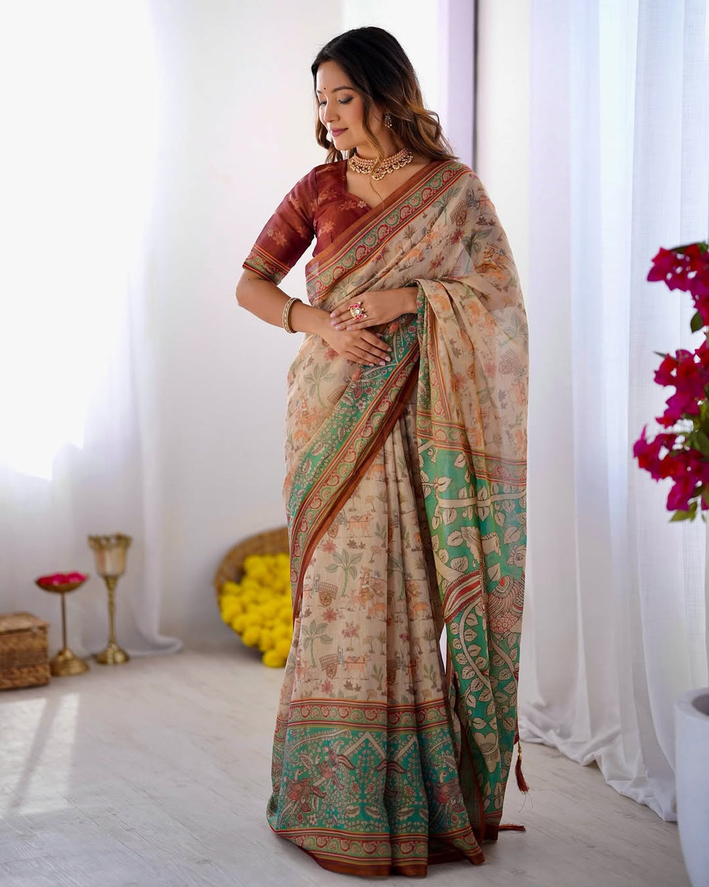 Peacock Paradise Forest & Village Digital Printed Linen Cotton Saree with Matching Blouse & Zahlar Tussle