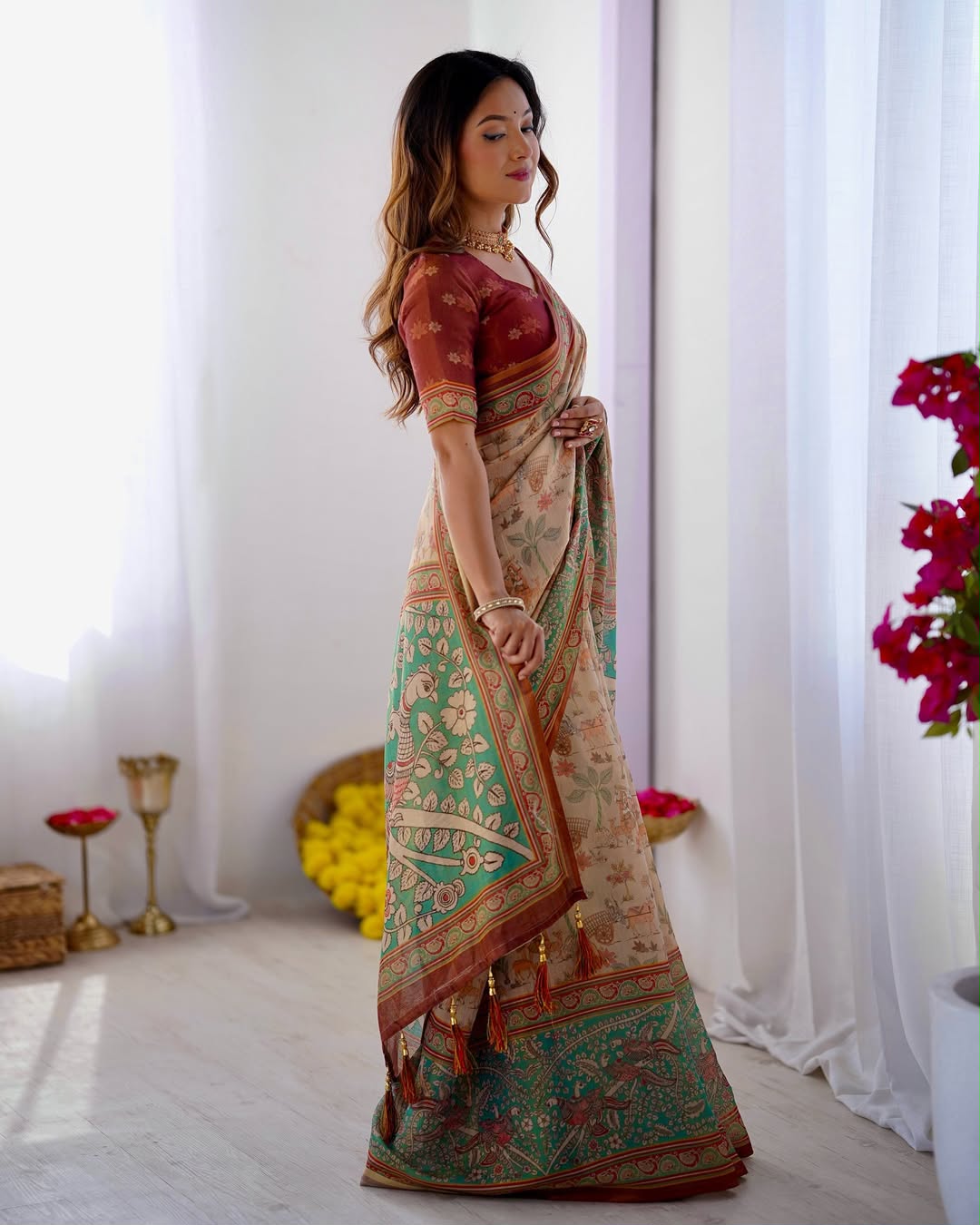 Peacock Paradise Forest & Village Digital Printed Linen Cotton Saree with Matching Blouse & Zahlar Tussle
