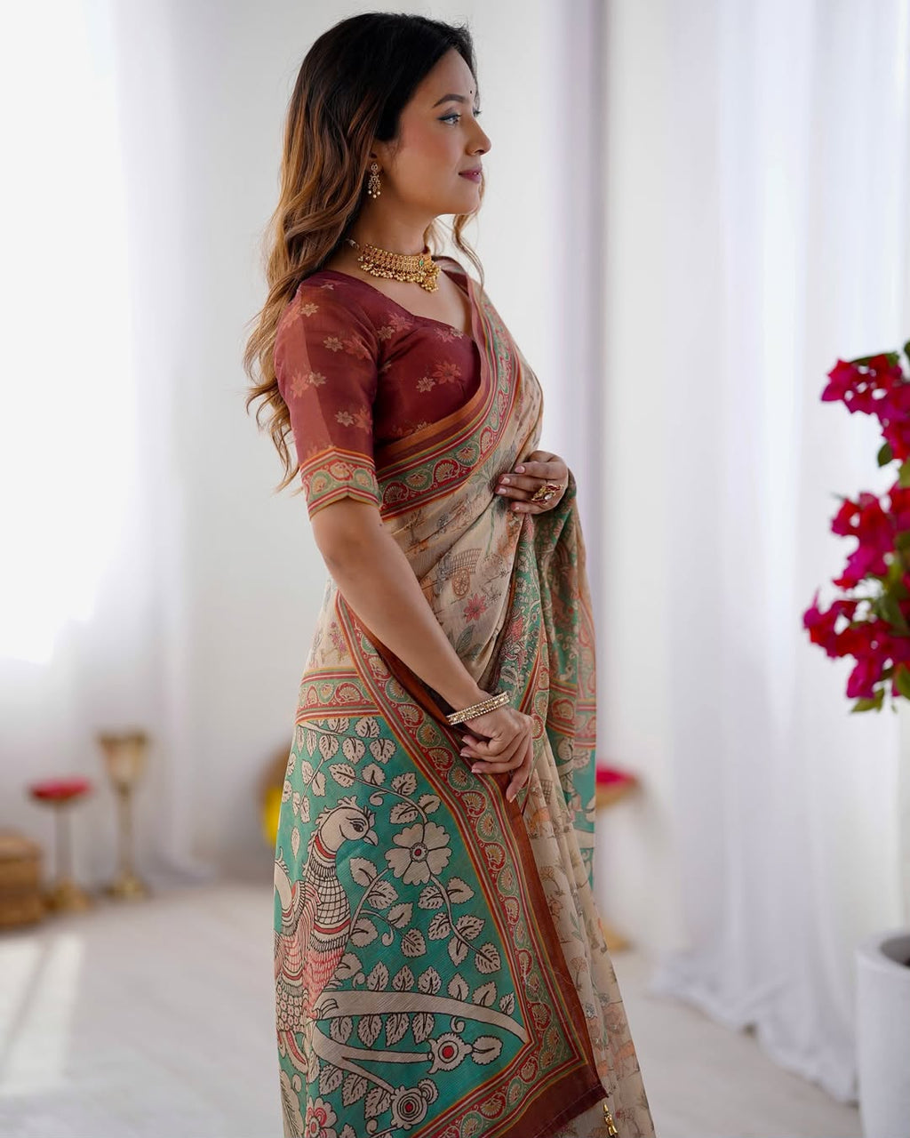 Peacock Paradise Forest & Village Digital Printed Linen Cotton Saree with Matching Blouse & Zahlar Tussle