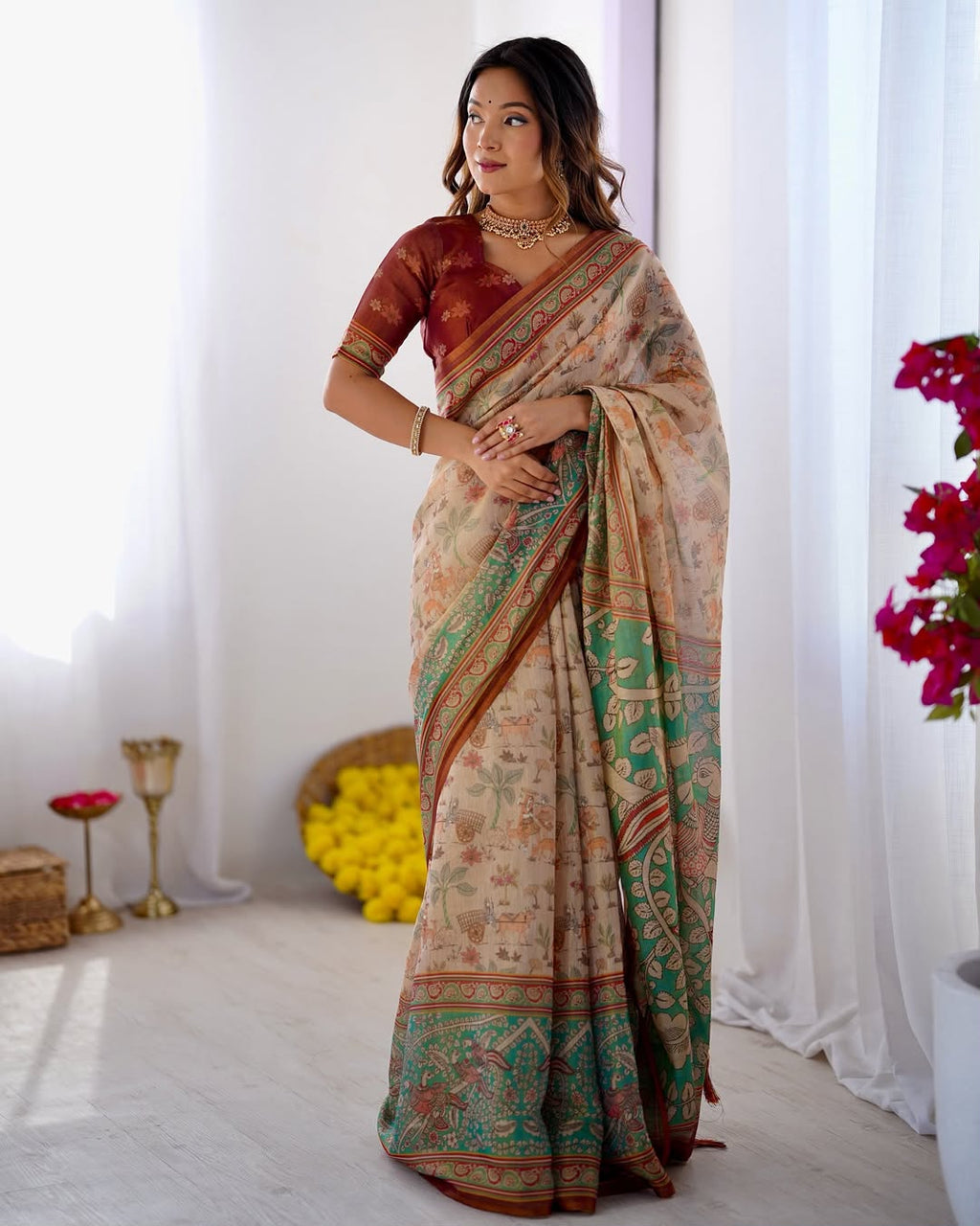 Peacock Paradise Forest & Village Digital Printed Linen Cotton Saree with Matching Blouse & Zahlar Tussle
