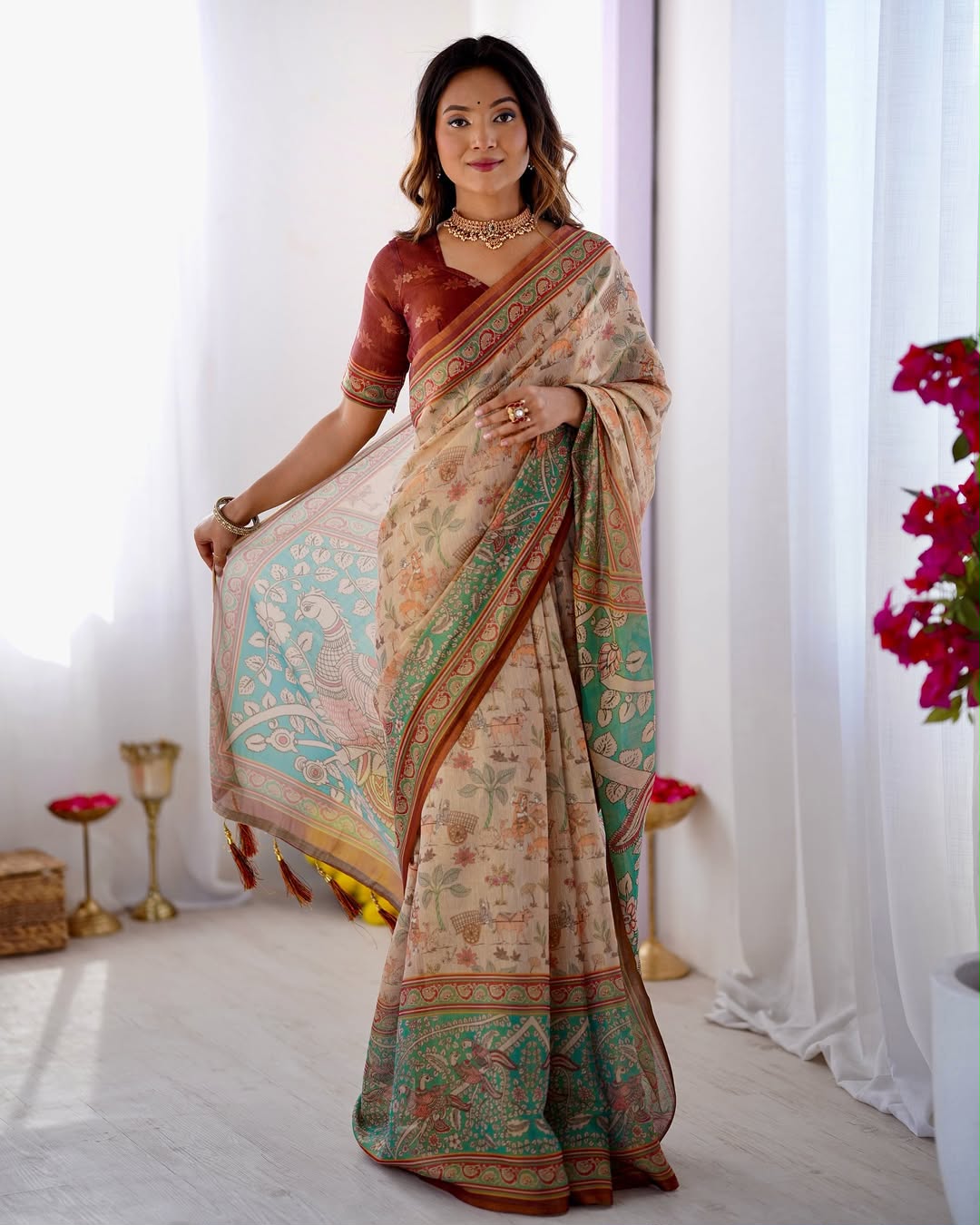 Peacock Paradise Forest & Village Digital Printed Linen Cotton Saree with Matching Blouse & Zahlar Tussle