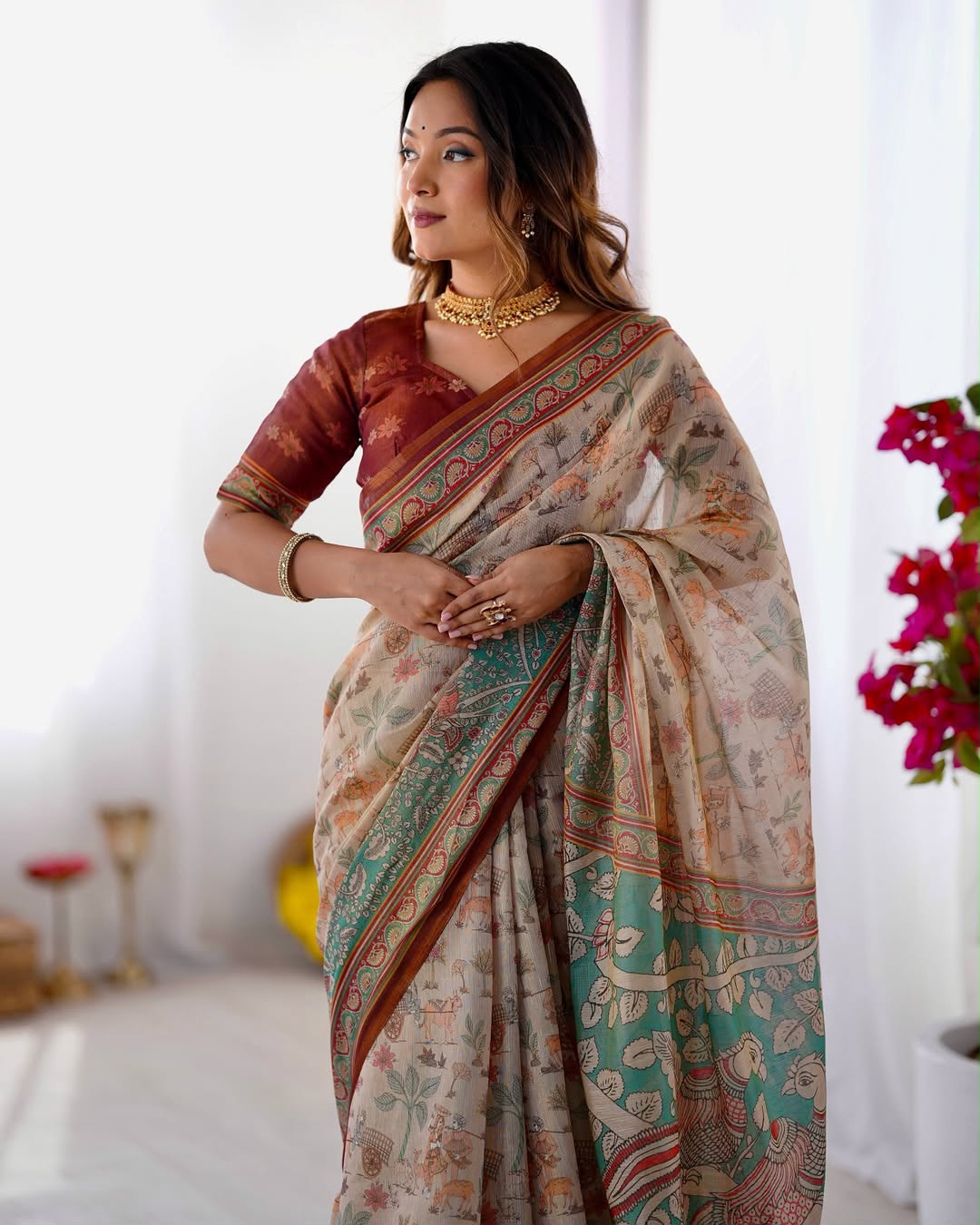 Peacock Paradise Forest & Village Digital Printed Linen Cotton Saree with Matching Blouse & Zahlar Tussle