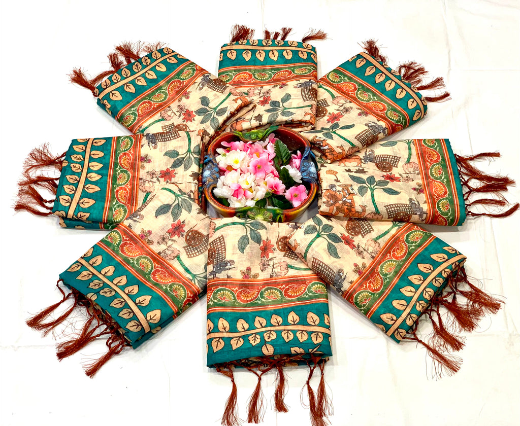 Peacock Paradise Forest & Village Digital Printed Linen Cotton Saree with Matching Blouse & Zahlar Tussle