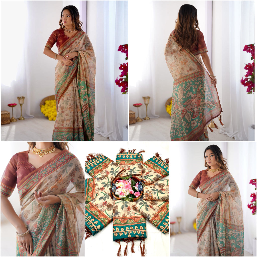 Peacock Paradise Forest & Village Digital Printed Linen Cotton Saree with Matching Blouse & Zahlar Tussle