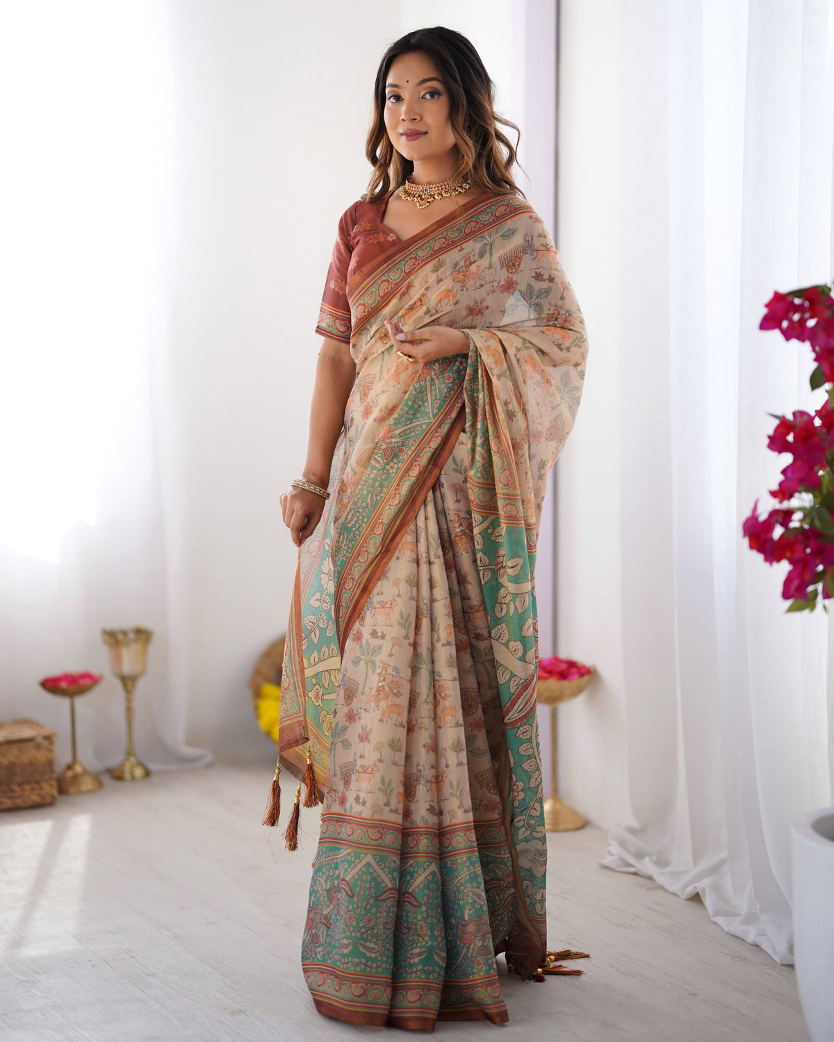 Peacock Paradise Forest & Village Digital Printed Linen Cotton Saree with Matching Blouse & Zahlar Tussle