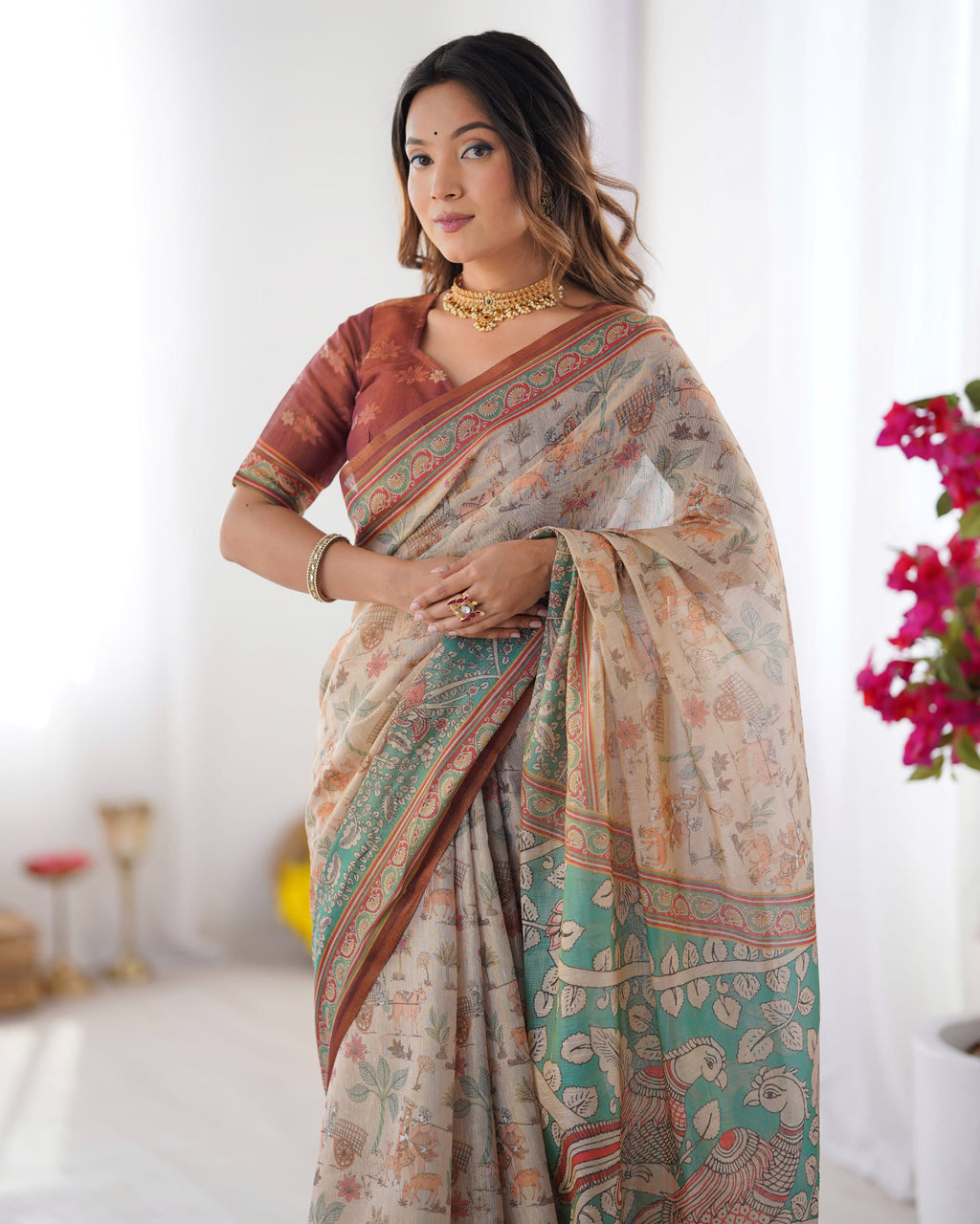 Peacock Paradise Forest & Village Digital Printed Linen Cotton Saree with Matching Blouse & Zahlar Tussle