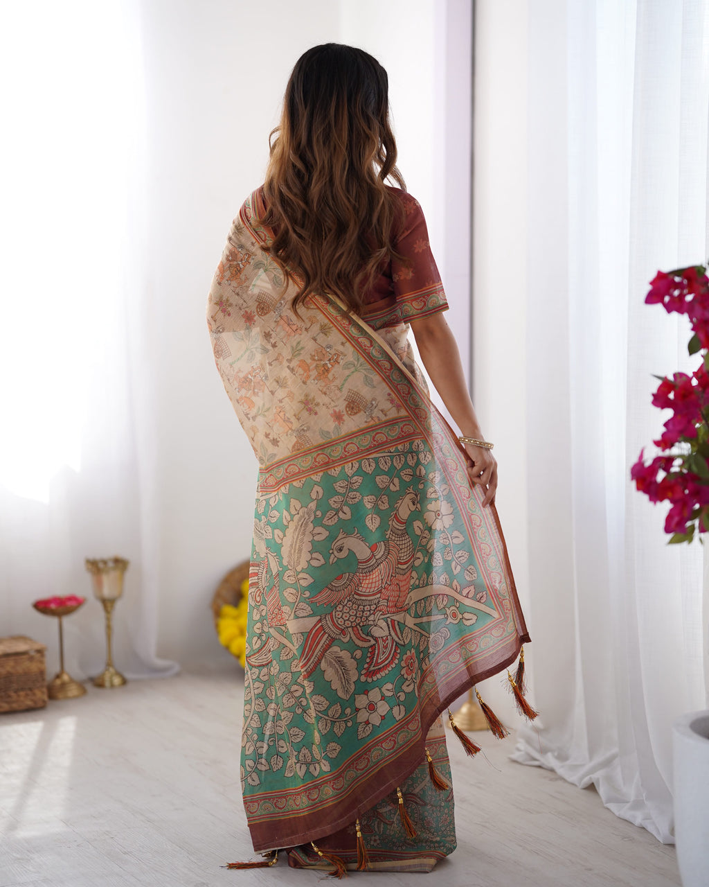 Peacock Paradise Forest & Village Digital Printed Linen Cotton Saree with Matching Blouse & Zahlar Tussle