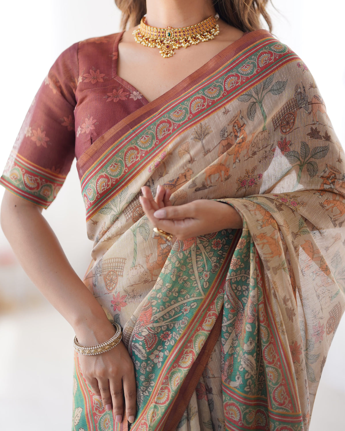 Peacock Paradise Forest & Village Digital Printed Linen Cotton Saree with Matching Blouse & Zahlar Tussle