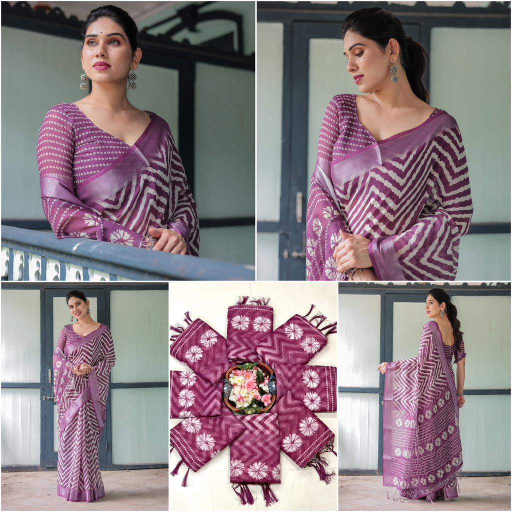 Purple Zahlar Majesty Silver Patta Weaving Linen Cotton Saree with Zigzag Digital Print & Matching Blouse