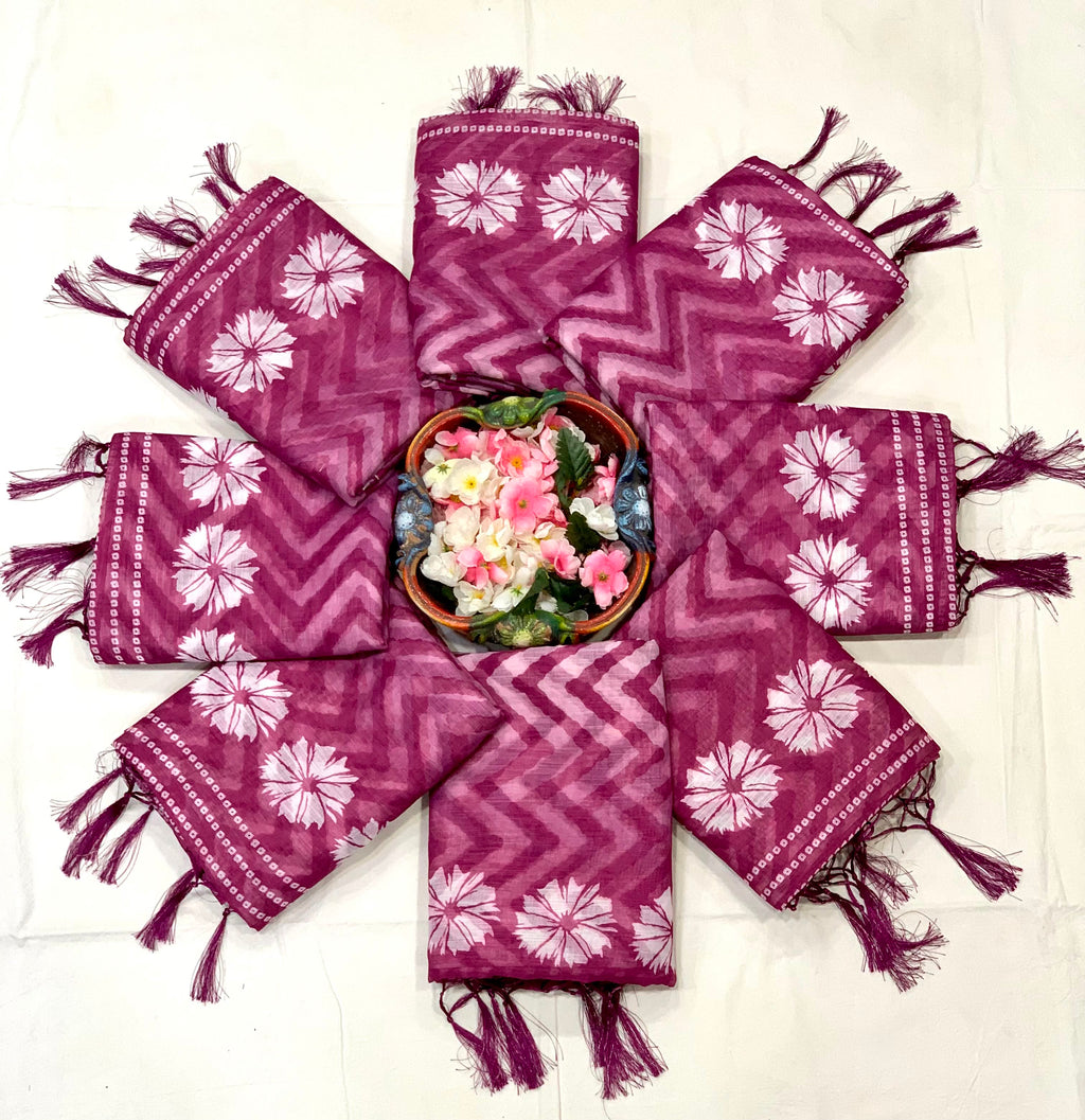 Purple Zahlar Majesty Silver Patta Weaving Linen Cotton Saree with Zigzag Digital Print & Matching Blouse