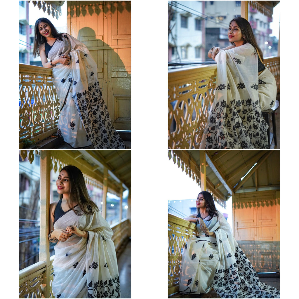Zahlar Royale Elegant Linen Cotton Digital Printed Saree with Satin Banglory Blouse