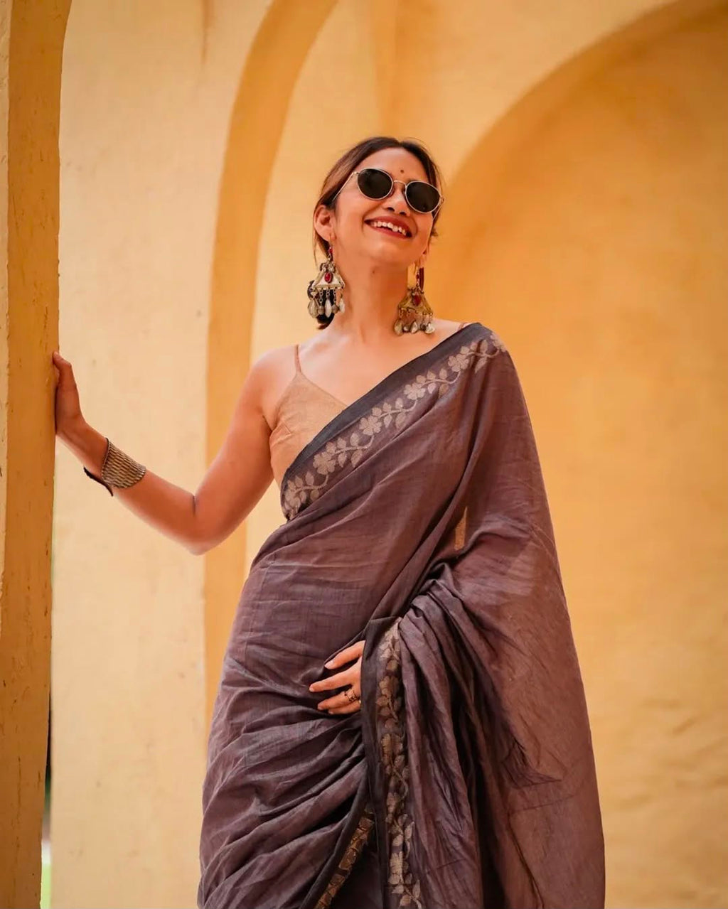 Elegant Zahlar Bloom Premium Linen Cotton Digital Printed Saree with Satin Banglory Blouse