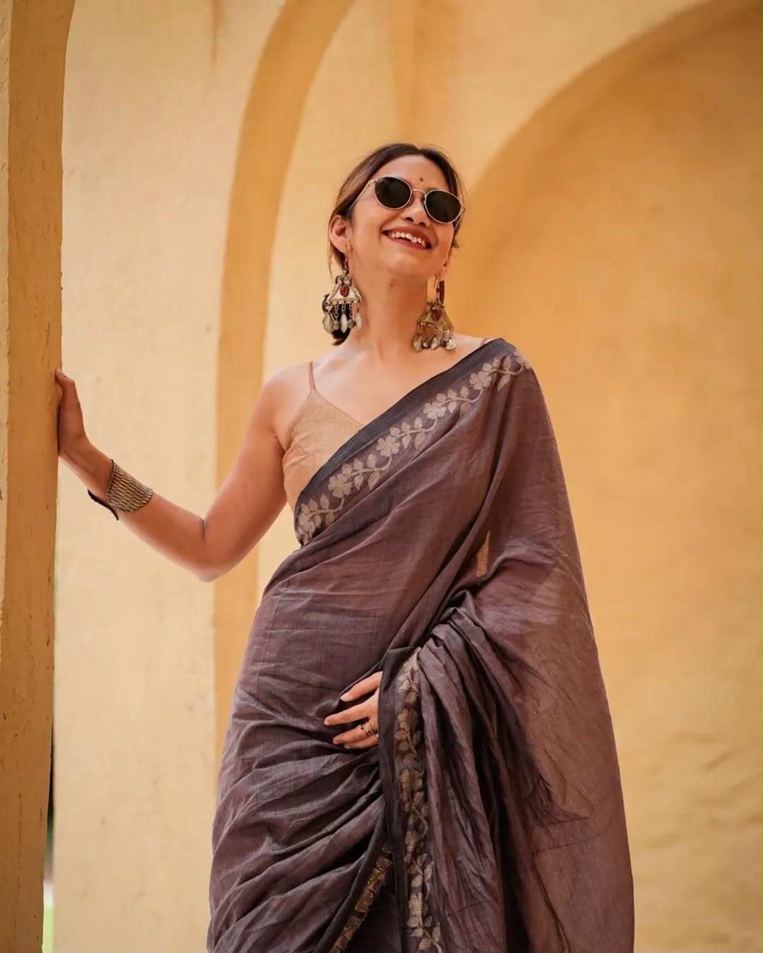 Elegant Zahlar Bloom Premium Linen Cotton Digital Printed Saree with Satin Banglory Blouse