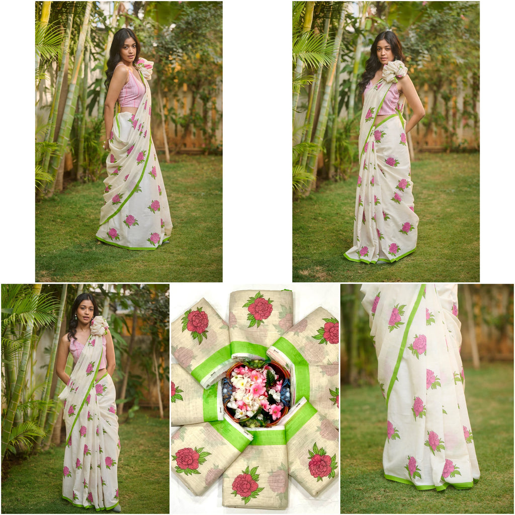 Floral Grace Elegant Linen Cotton Digital Printed Saree with Matching Floral Blouse