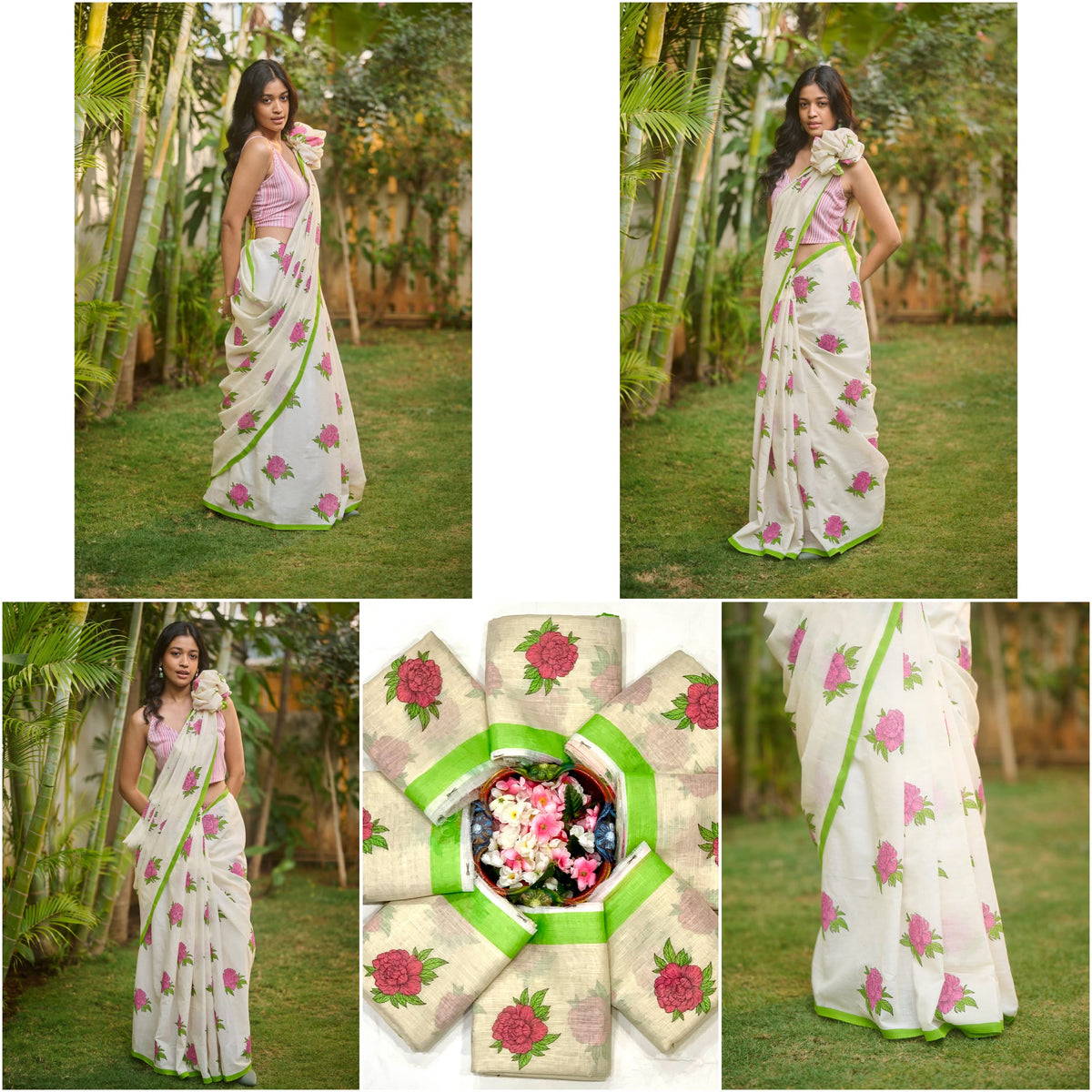 Floral Grace Elegant Linen Cotton Digital Printed Saree with Matching Floral Blouse