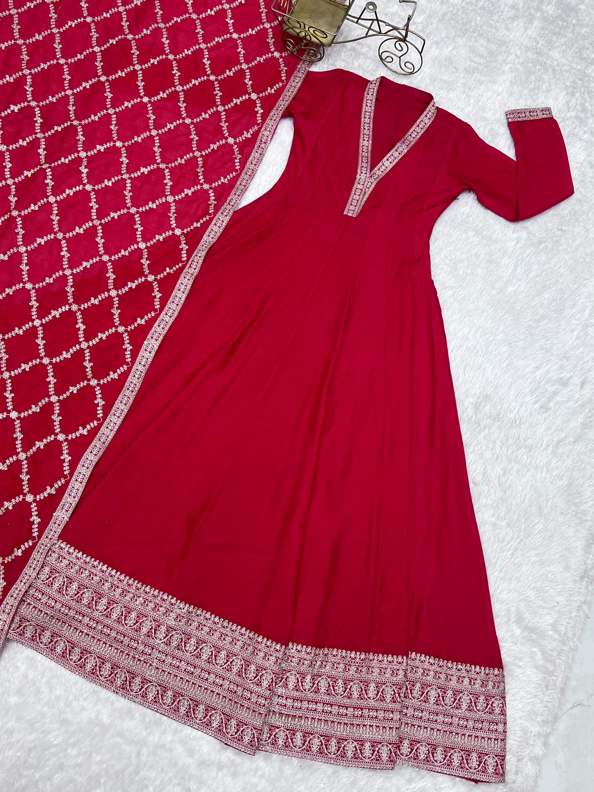 Premium Rust Crunchy Silk Anarkali Gown with Jari, Sequin & Beadwork Dupatta
